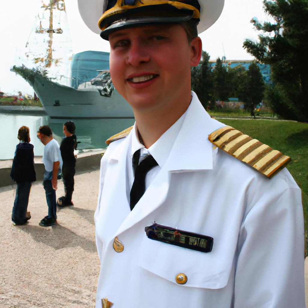 Person in naval uniform giving tour