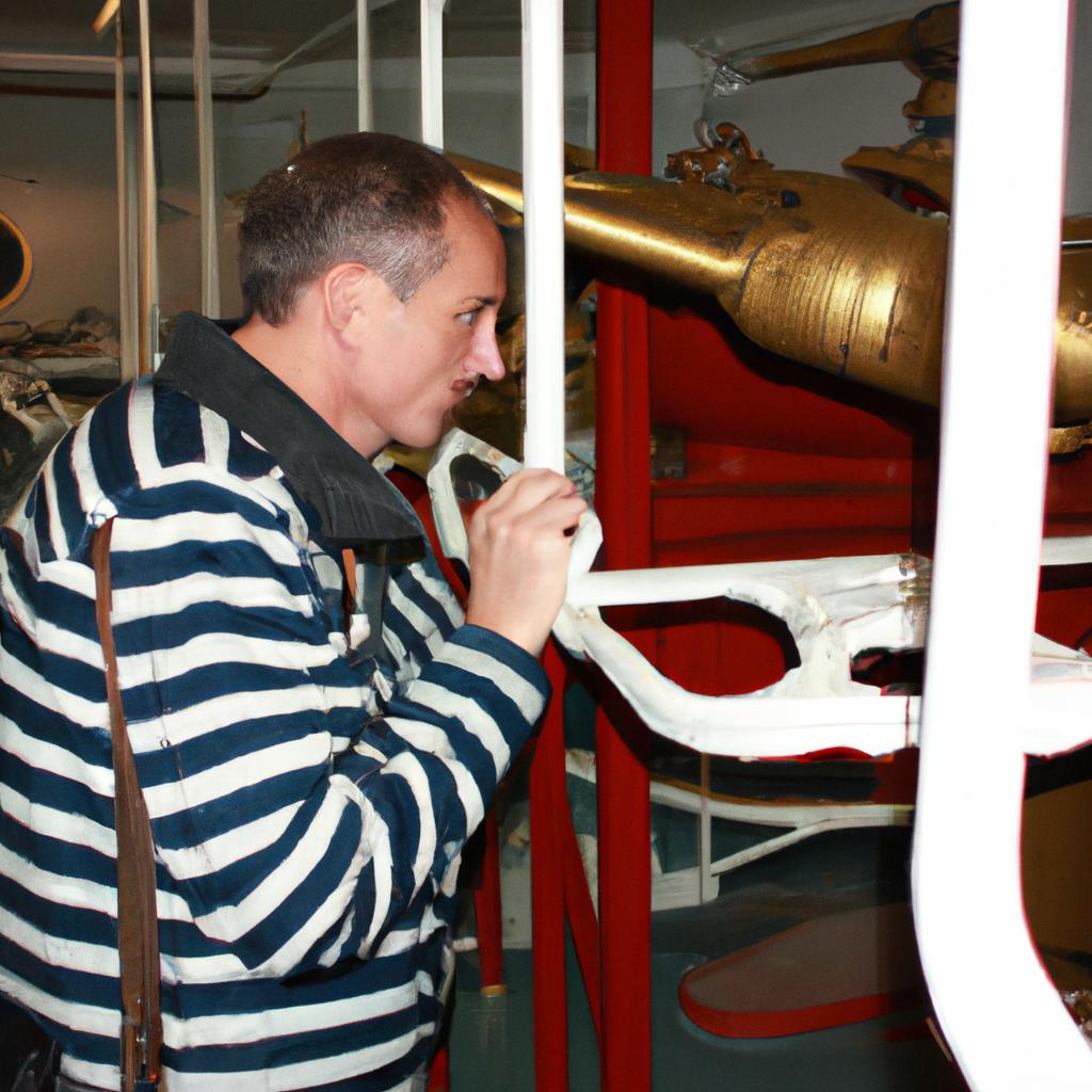Person inspecting museum ship equipment