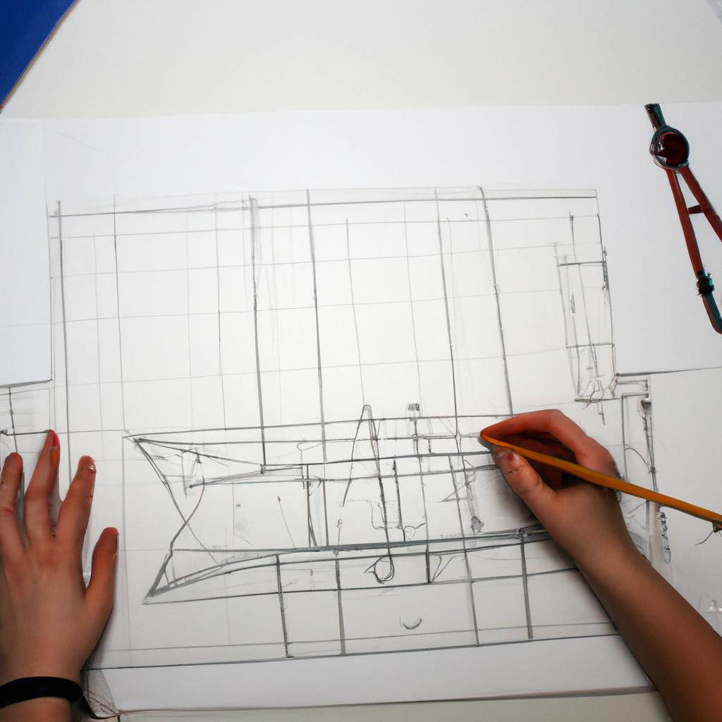 Person designing museum ship blueprint