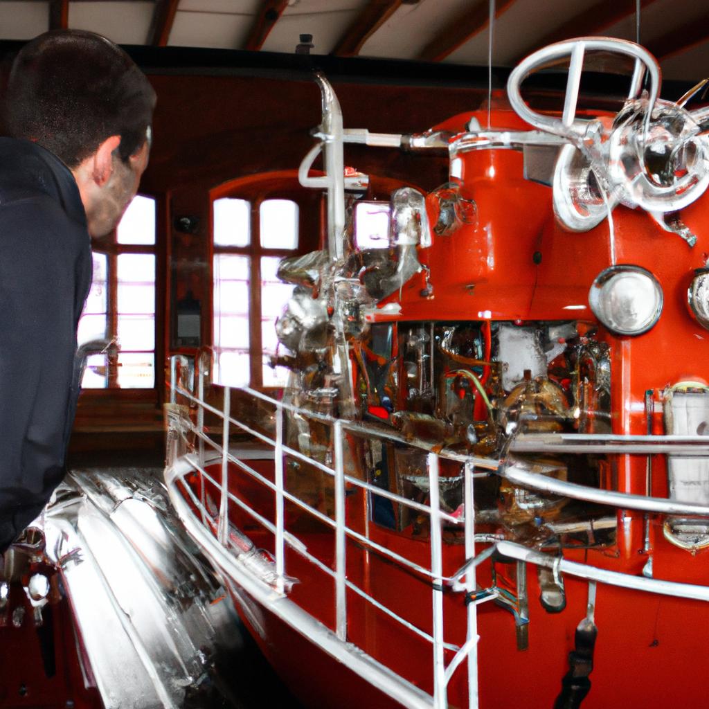 Person operating fireboat at museum