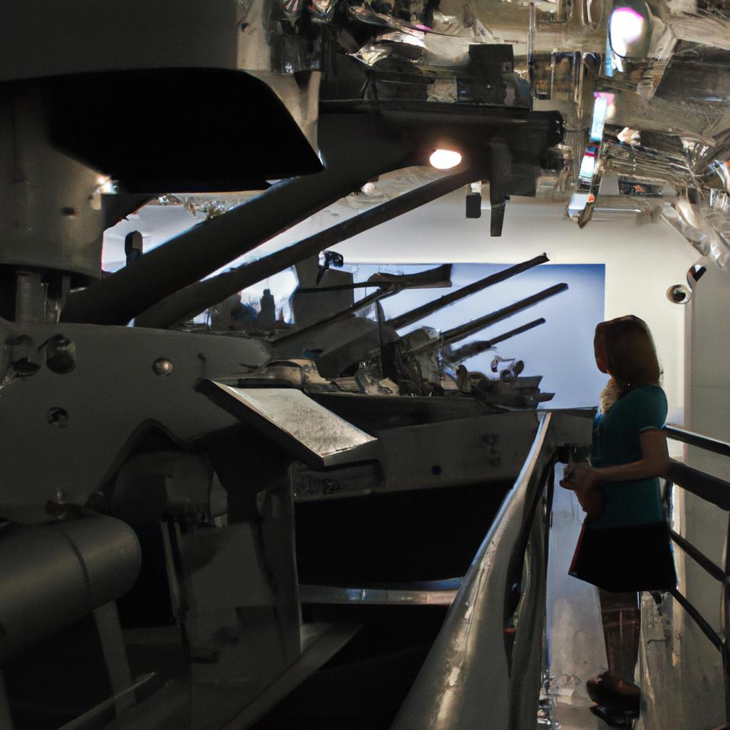 Person exploring museum battleship exhibit