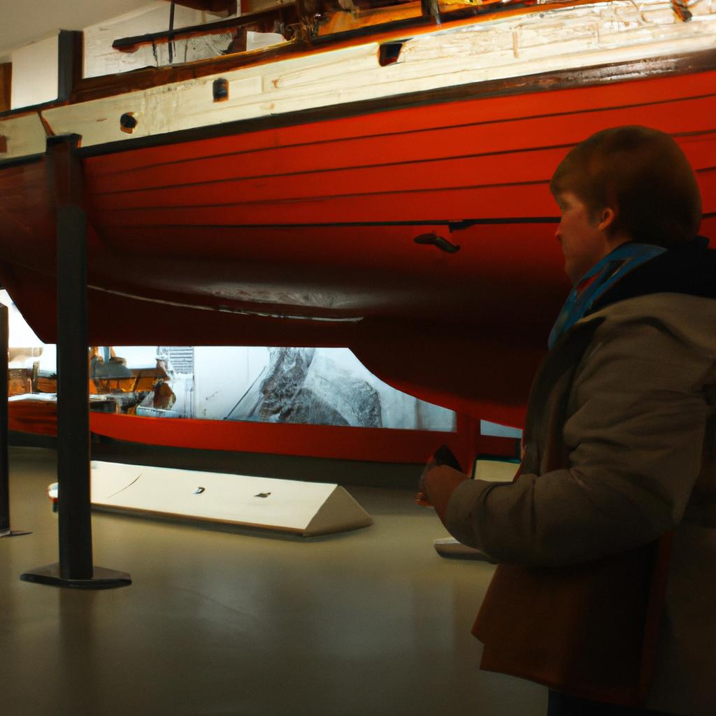 Person exploring museum ship exhibit