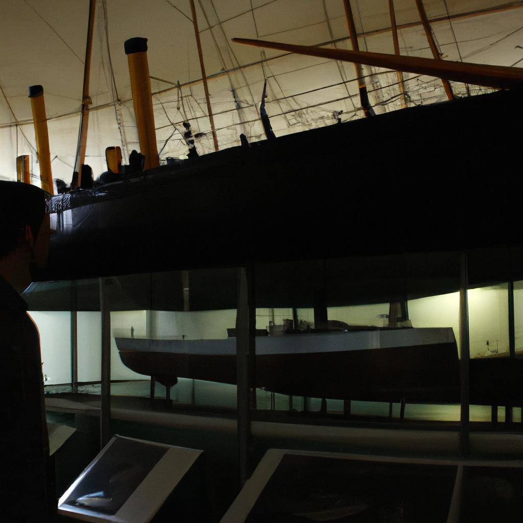 Person exploring museum ship exhibit