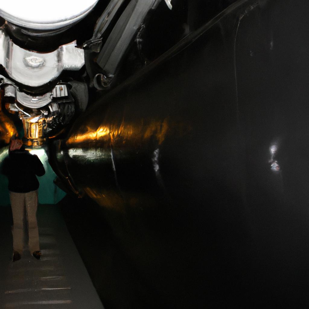 Person exploring submarine at museum
