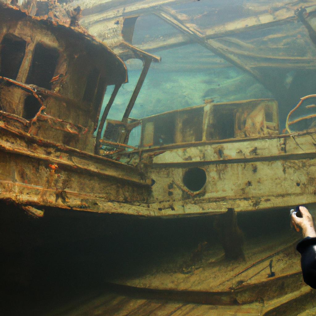 Person exploring submerged museum ship